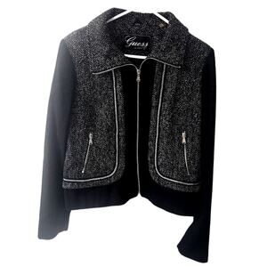 Guess Wool Blend Black & White Jacket Zipper Metal Chain Trim Lined - XL